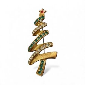 Vintage Christmas Tree Brooch Gold Tone Colorful Rhinestones Art Deco Retro 2”+